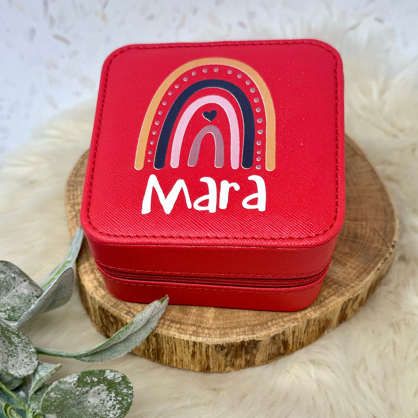 Schmucketui rot - personalisiert mit Namen und Regenbogen- Geschenk Kommunion Einschulung Geburtstag - Reiseetui - Schmuckschatulle