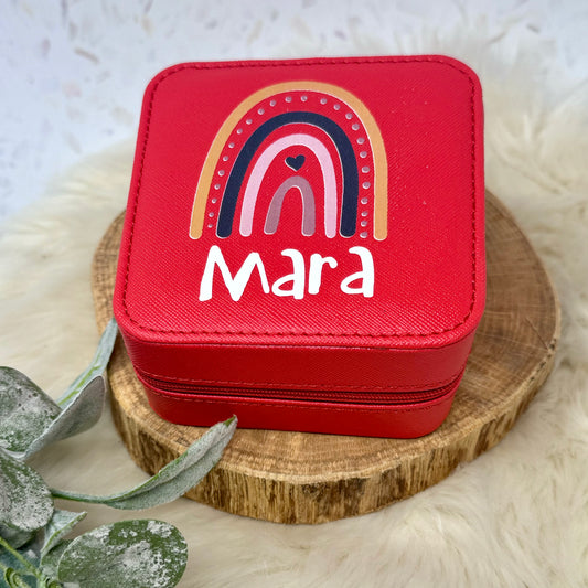 Schmucketui rot - personalisiert mit Namen und Regenbogen- Geschenk Kommunion Einschulung Geburtstag - Reiseetui - Schmuckschatulle