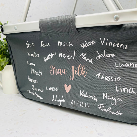 Abschiedsgeschenk für die Lehrerin - Einkaufskorb mit Unterschriften der Kinder - persönlich und individuell