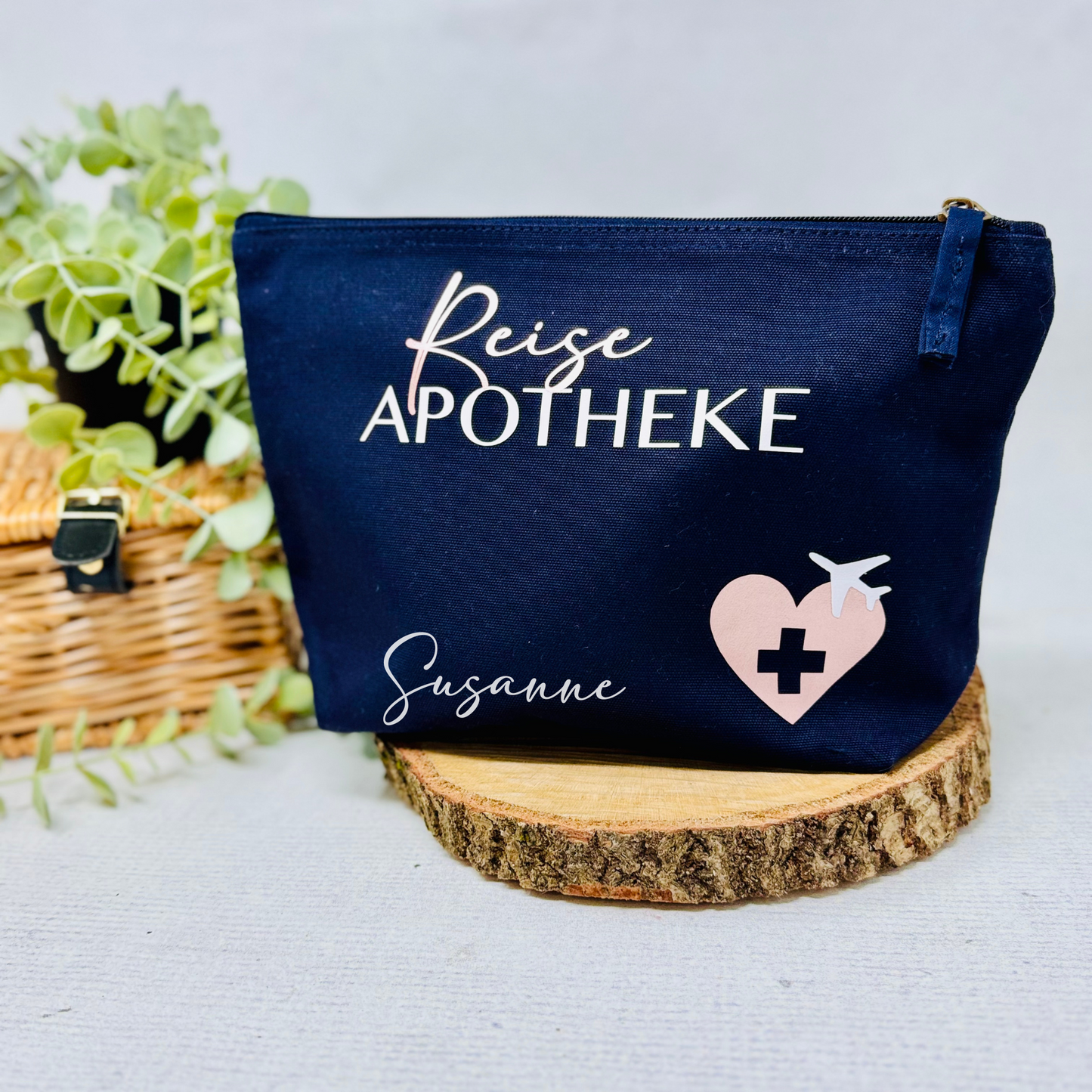 Personalisierte Kosmetiktasche aus Bio-Baumwollleinen – Perfekt als Reiseapotheke für unterwegs