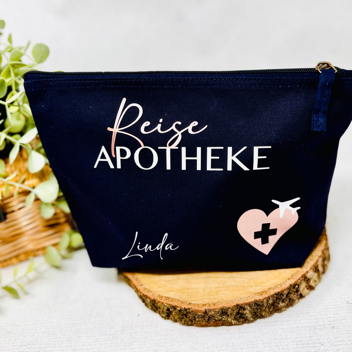Personalisierte Kosmetiktasche aus Bio-Baumwollleinen – Perfekt als Reiseapotheke für unterwegs