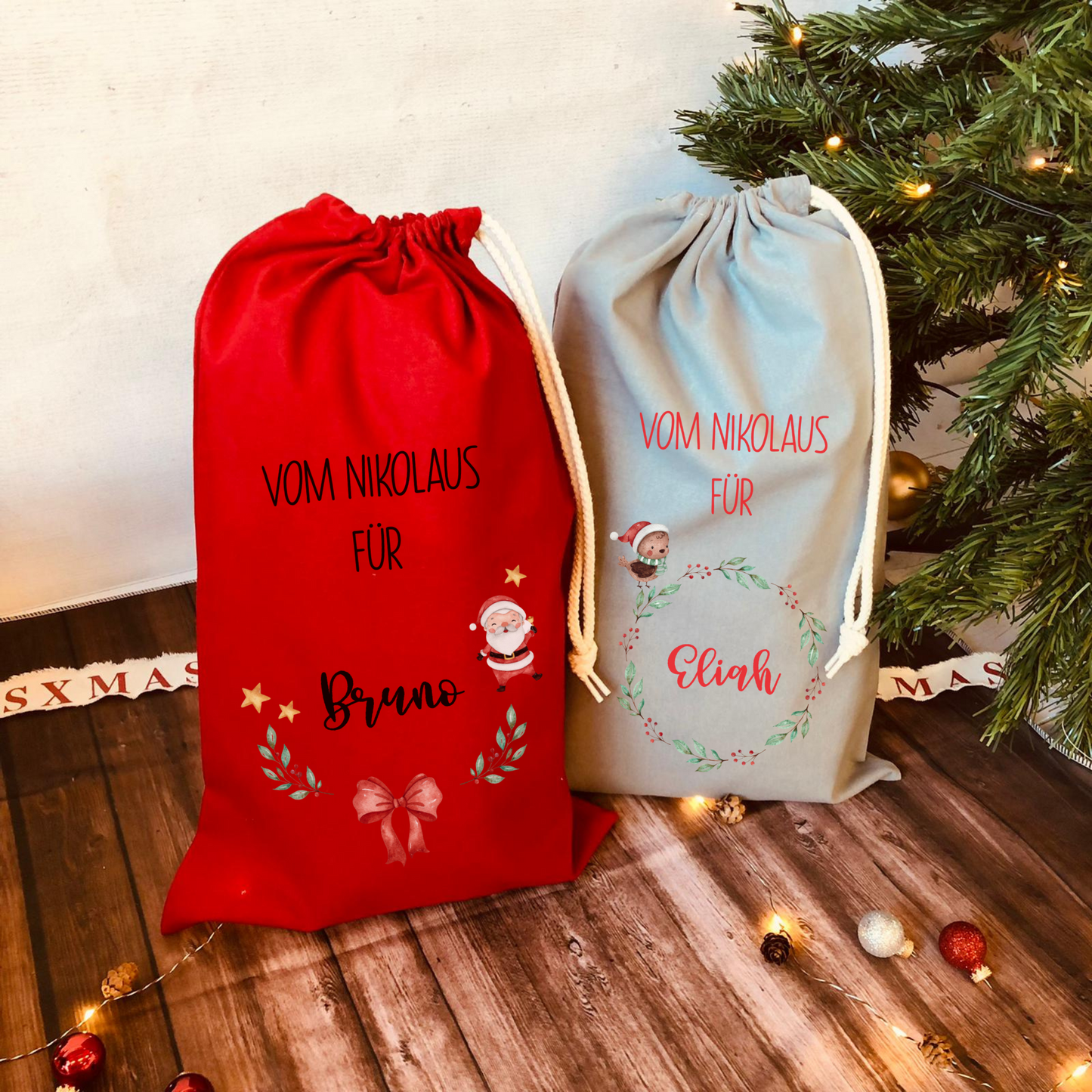 Personalisierter Beutel für Nikolaus Weihnachten - ideal als kleine Geschenkverpackung, für Süßigkeiten oder Geld - zwei Designs - rot