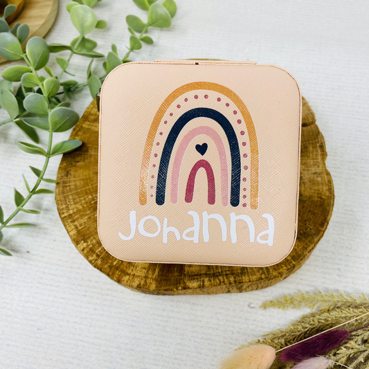 Schmucketui Mädchen - rosa - personalisiert mit Namen und Regenbogen- Geschenk Kommunion Einschulung Geburtstag - Reiseetui