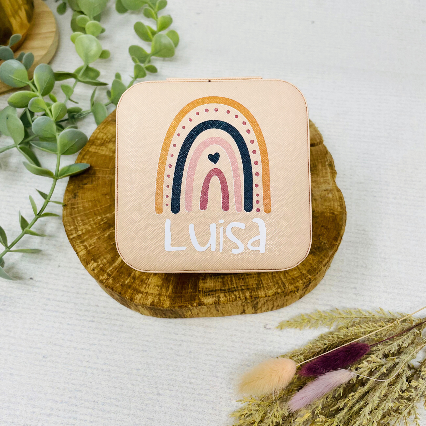 Schmuckaufbewahrung Mädchen - rosa - personalisiert mit Namen und Regenbogen- Geschenk Kommunion Einschulung Geburtstag - Reiseetui
