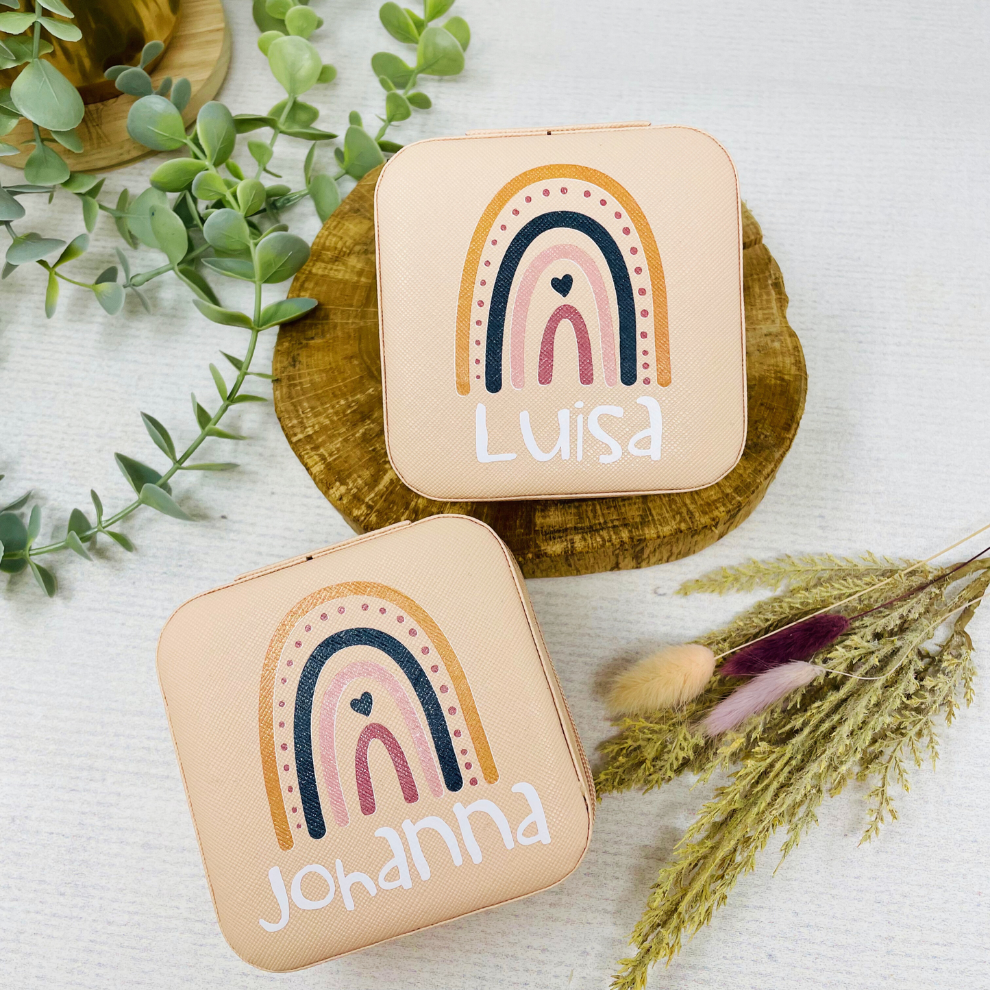 Schmuckaufbewahrung Mädchen - rosa - personalisiert mit Namen und Regenbogen- Geschenk Kommunion Einschulung Geburtstag - Reiseetui