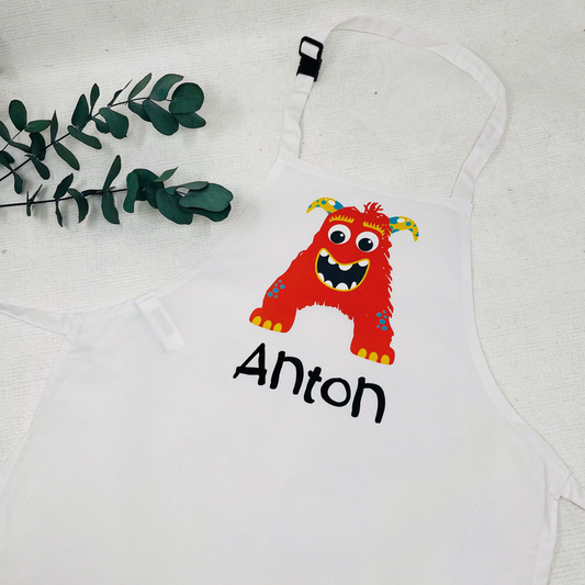 Kinderschürze personalisiert mit Monster Initial und Name, zum Backen, Basteln und Gärtnern - Wunschname und Schriftart - 7 Farben