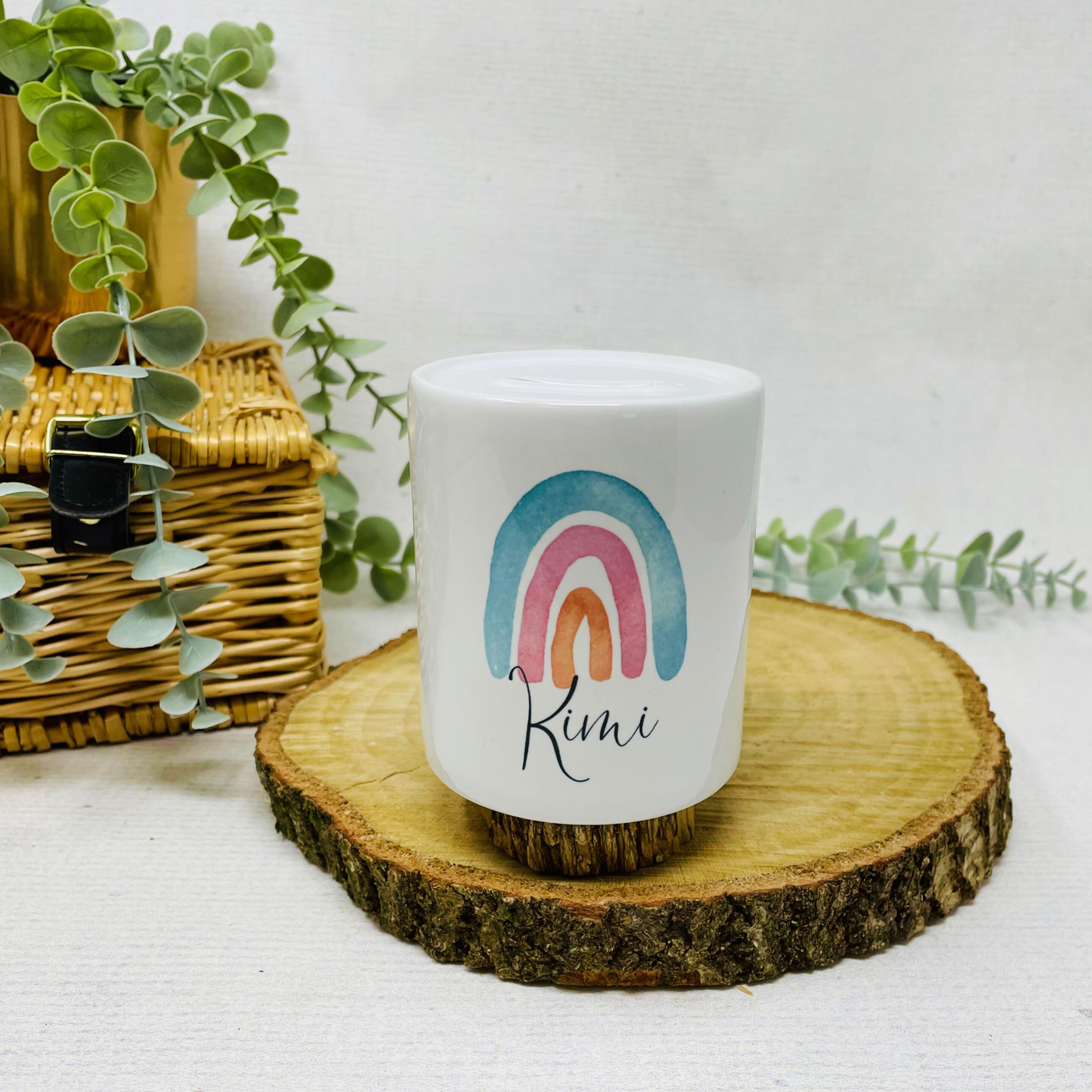 Personalisierte Spardose aus Keramik mit Regenbogen und Namen – Perfekte Geschenkidee
