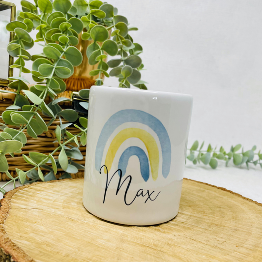 Personalisierte Spardose aus Keramik mit Regenbogen und Namen – Perfekte Geschenkidee