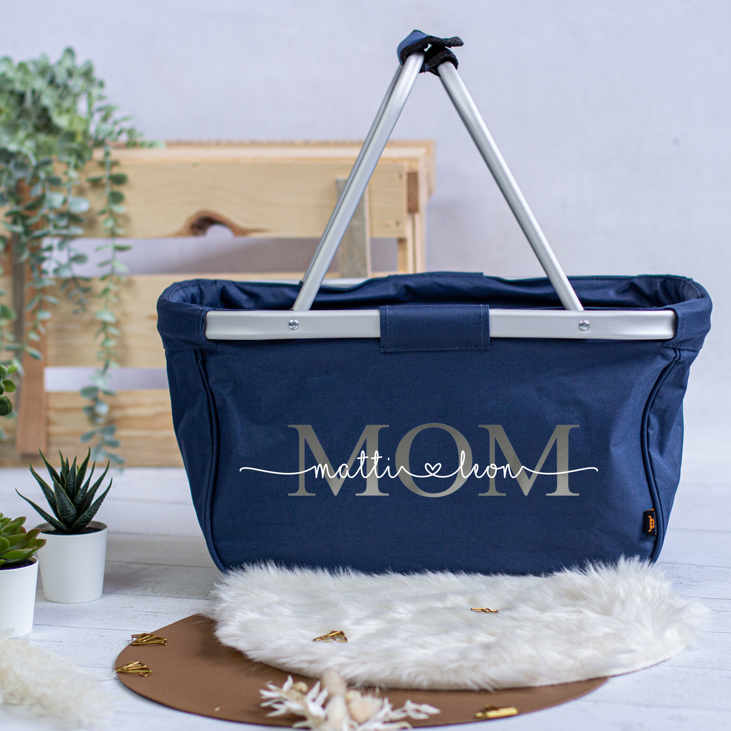 Geschenk Muttertag oder Geburtstag - personalisierter Einkaufskorb MAMA oder MOM mit Namen der Kinder - Farbe Grau, Navy oder Schwarz
