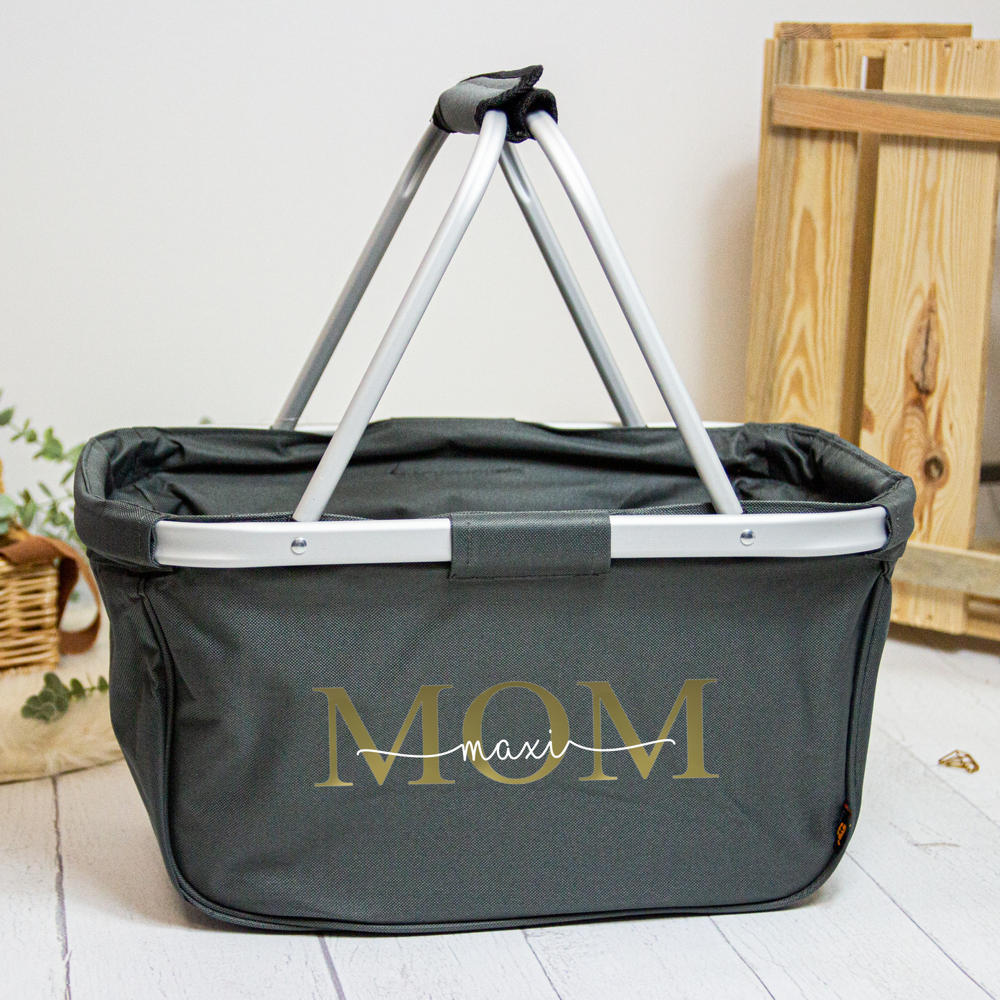 Geschenk Muttertag oder Geburtstag - personalisierter Einkaufskorb MAMA oder MOM mit Namen der Kinder - Farbe Grau, Navy oder Schwarz