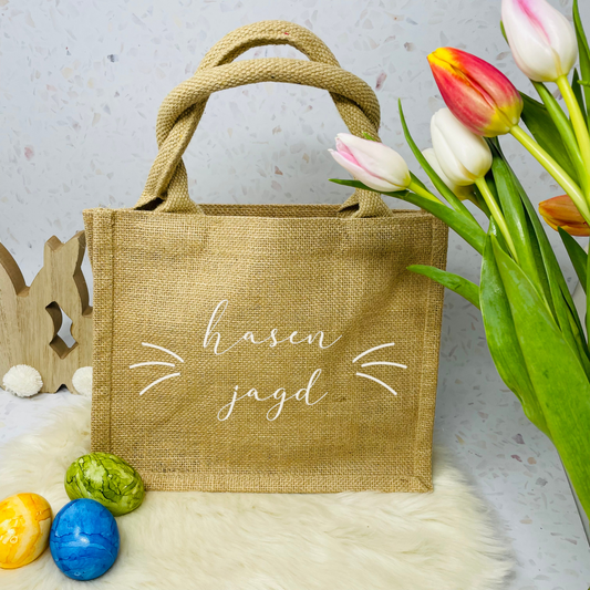 Osterkörbchen Frohe Ostern - Eiersuche - Hasenjagd - Jutebeutel mit Osterhasen Ohren - Geschenk Geschenkverpackung nachhaltig Osterkorb