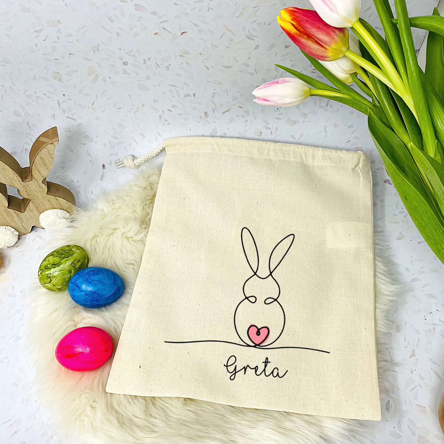 Geschenkbeutel Ostern personalisiert - modernes One Line Art Design mit Osterhase und Name - verschiedene Farben