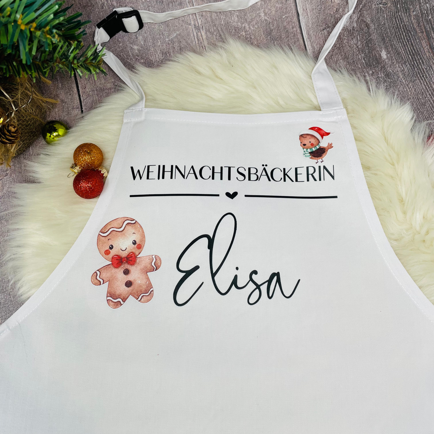 Schürze Kinderschürze Weihnachtsbäcker Bäckerin personalisiert mit Titel und Name, zum Backen, Basteln und Gärtnern - weiß Lebkuchenmann