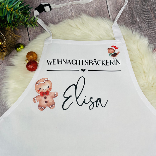 Schürze Kinderschürze Weihnachtsbäcker Bäckerin personalisiert mit Titel und Name, zum Backen, Basteln und Gärtnern - weiß Lebkuchenmann