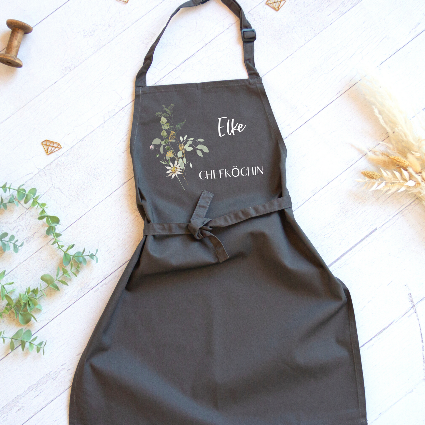 Schürze personalisiert mit Name und Titel, zum Backen, Basteln und Gärtnern - Erwachsene oder Kinder, auch als Set - Wildblumen