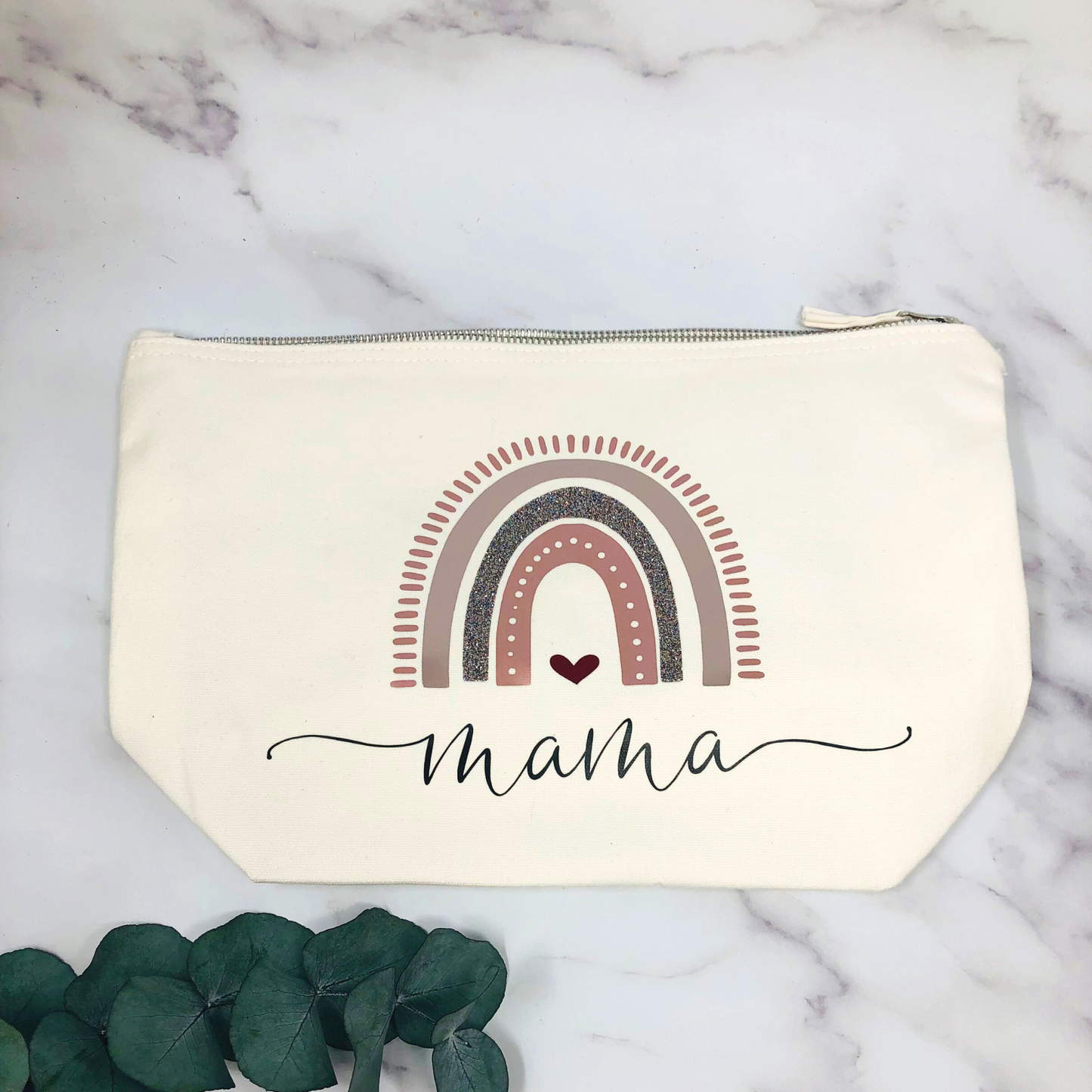 Windeltasche Kosmetikbeutel Krambeutel Baby Natur Regenbogen personalisiert mit Namen rosegold