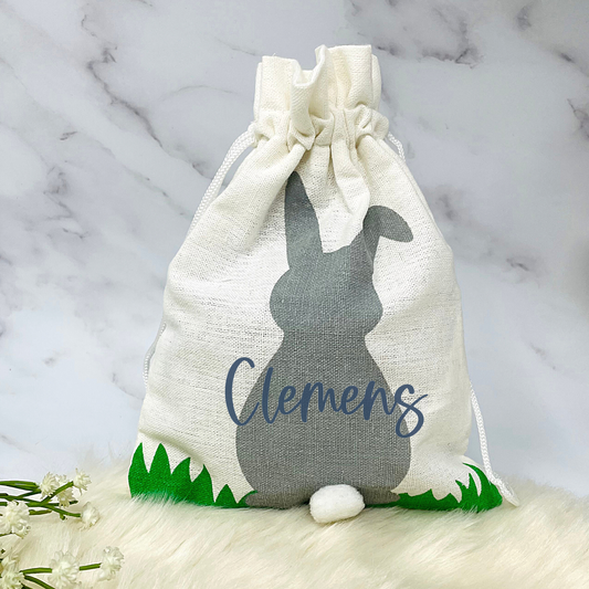 Osterkörbchen Osternest Osterhase personalisiert - Beutel personalisiert mit Osterhase grau und Name - verschiedene Schriftfarben - Geschenk