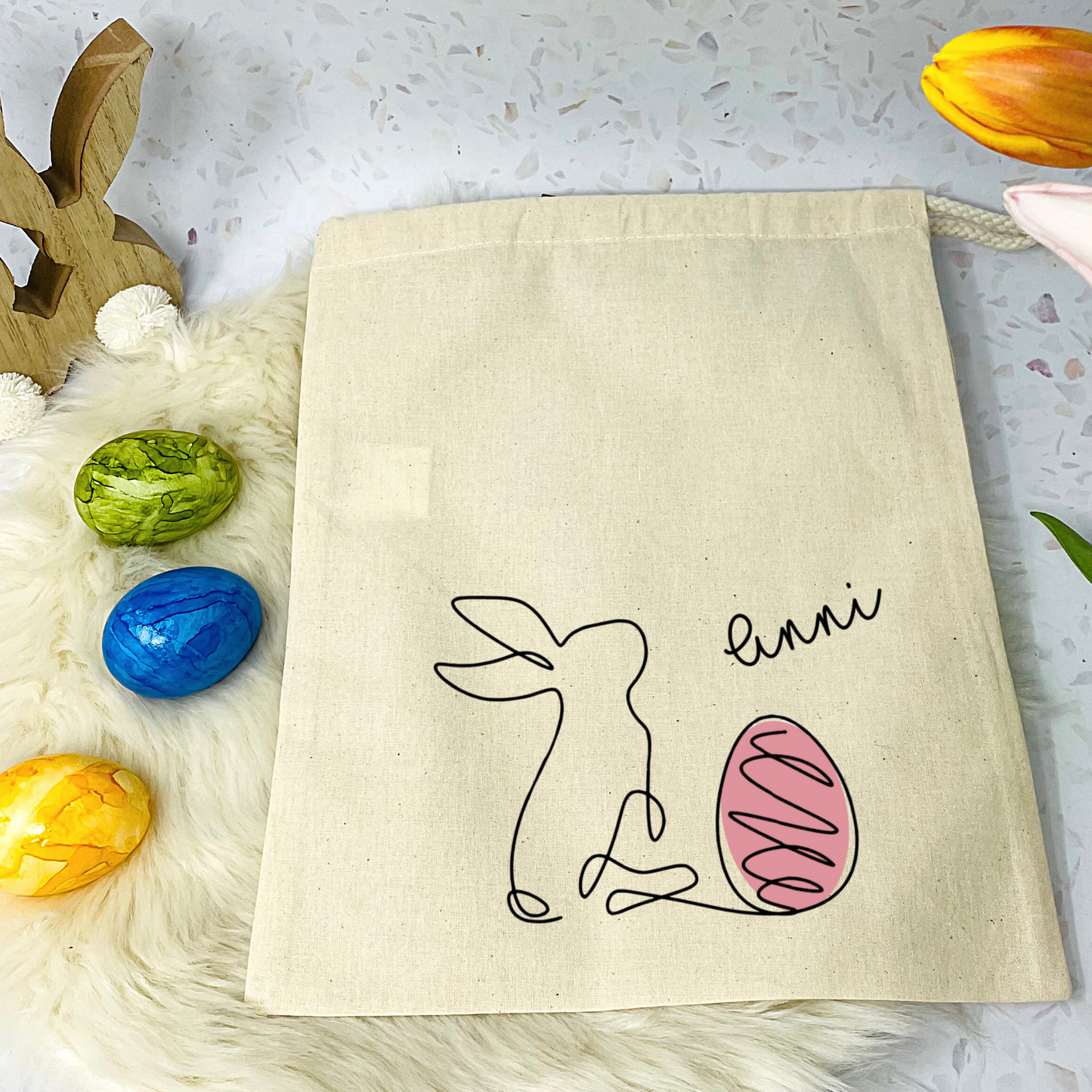 Geschenkbeutel Ostern personalisiert - modernes One Line Art Design mit Osterhase und Name - verschiedene Farben - Geschenk, Osterkörbchen