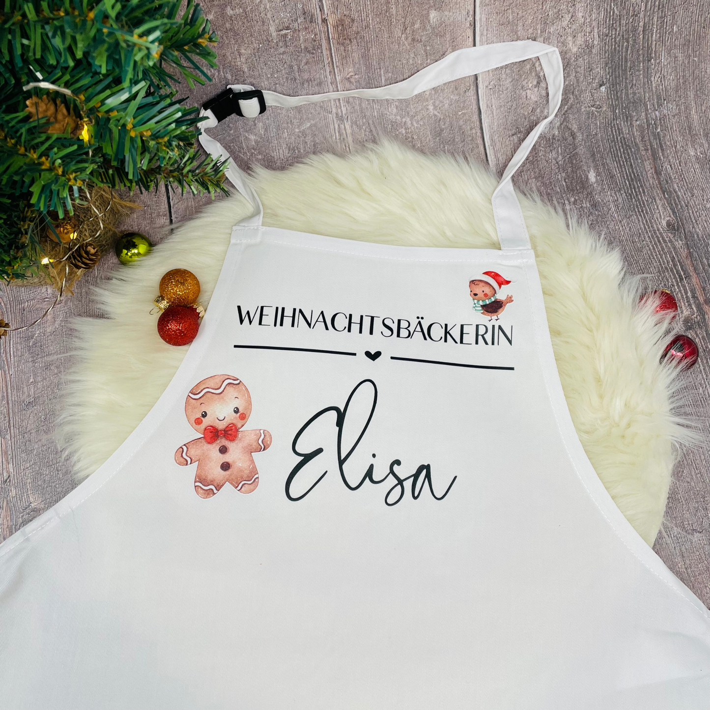 Schürze Kinderschürze Weihnachtsbäcker Bäckerin personalisiert mit Titel und Name, zum Backen, Basteln und Gärtnern - weiß Lebkuchenmann