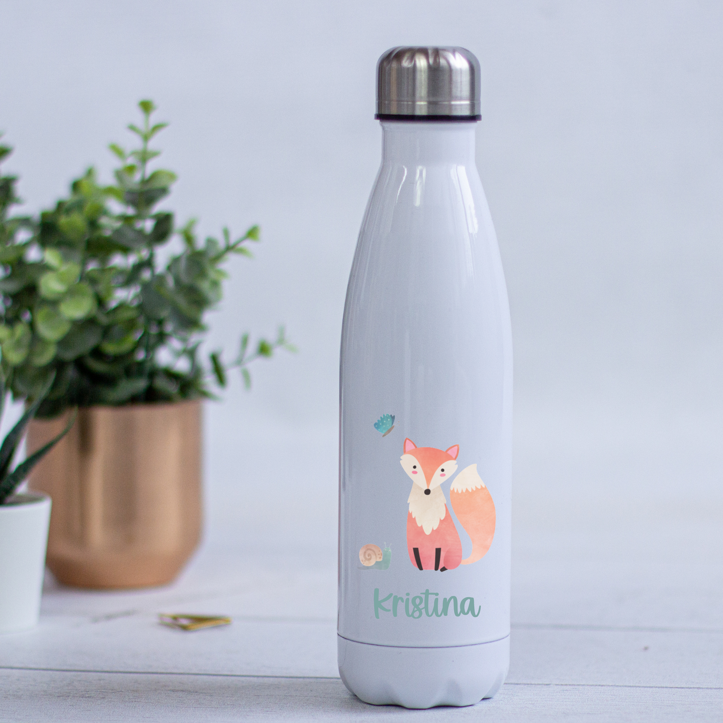 Thermoskanne Trinkflasche Edelstahl personalisiert mit Namen und Waldtiere - toll für Schule, Kindergarten und Freizeit