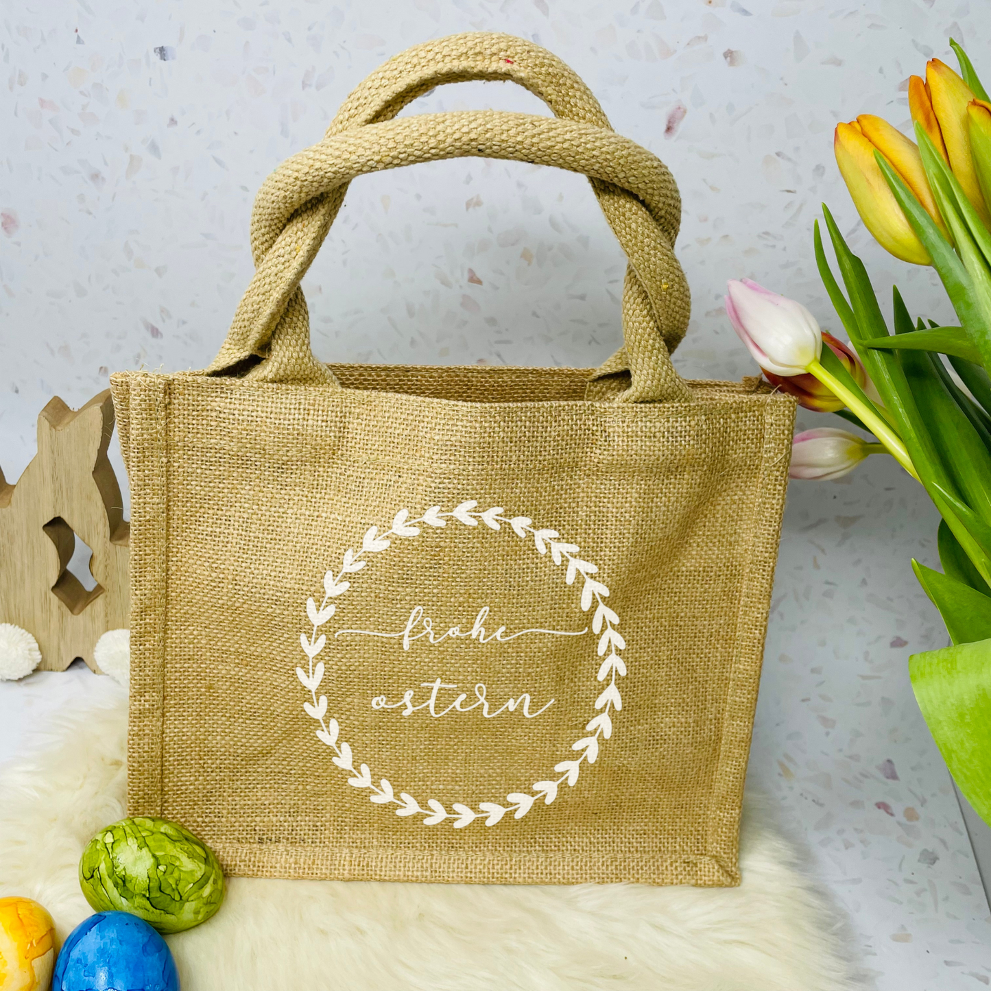 Osterkörbchen Frohe Ostern - Eiersuche - Hasenjagd - Jutebeutel mit Osterhasen Ohren - Geschenk Geschenkverpackung nachhaltig Osterkorb