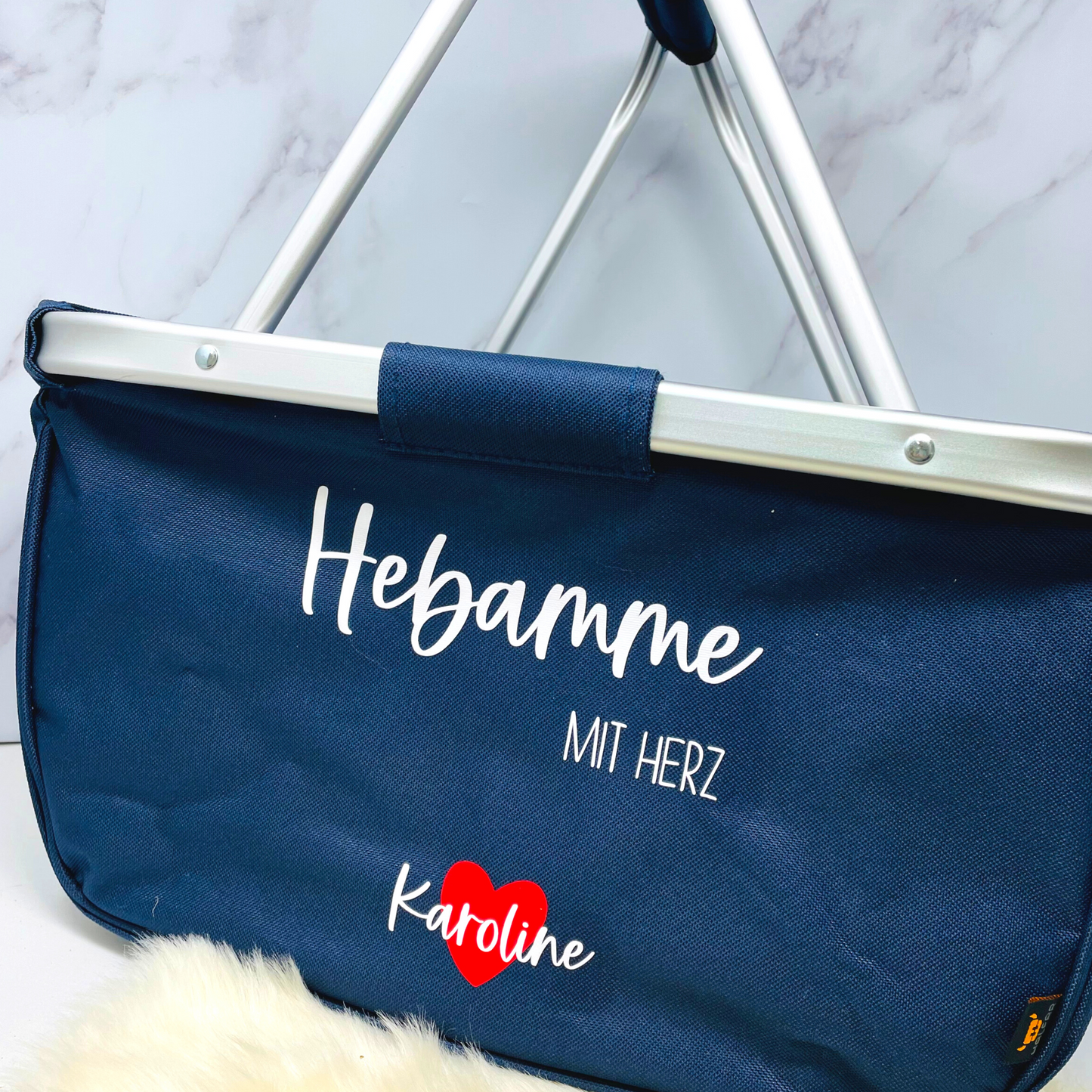 Geschenk Hebamme - personalisierter Einkaufskorb mit Name - Hebamme mit Herz - verschiedene Farben - faltbar - Farbe Grau, Navy oder Schwarz