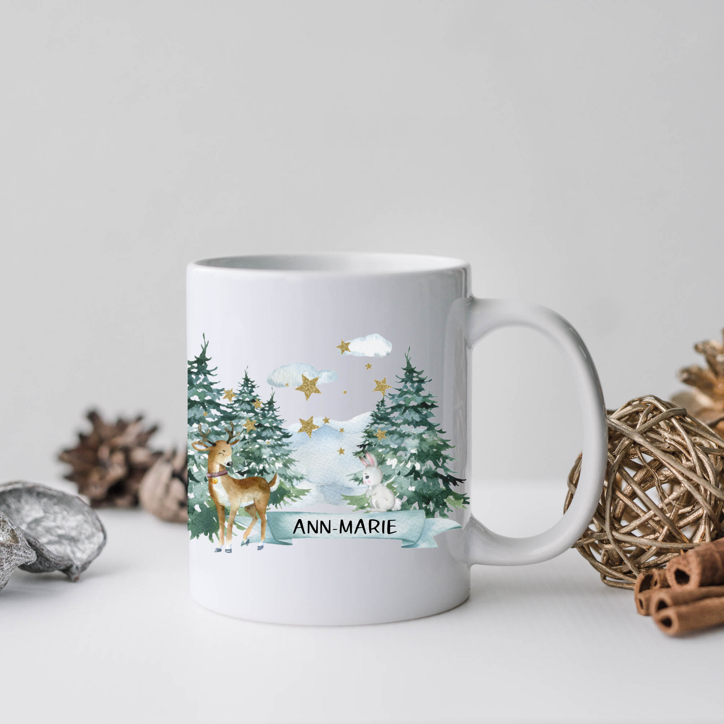 Keramik Tasse Weihnachten - personalisiert mit Namen - Schneelandschaft - Wichtelgeschenk - Christmas Mug - Design Wald