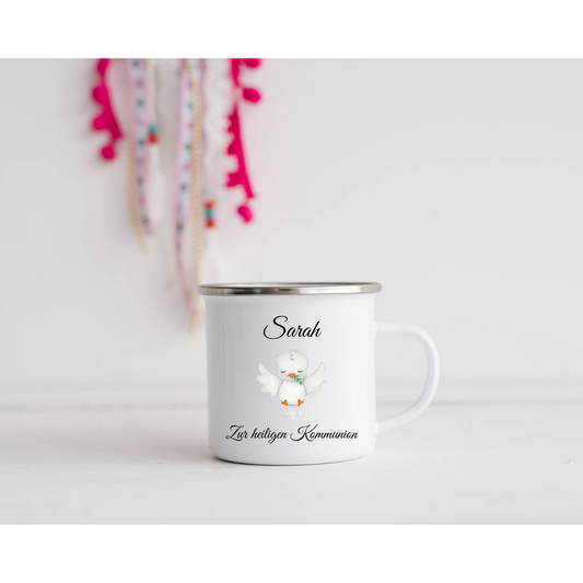 Kinderbecher mit Namen - Geschenk Kommunion - Tasse Emailletasse Kindertasse Becher personalisiert - 4 Motive zur Auswahl