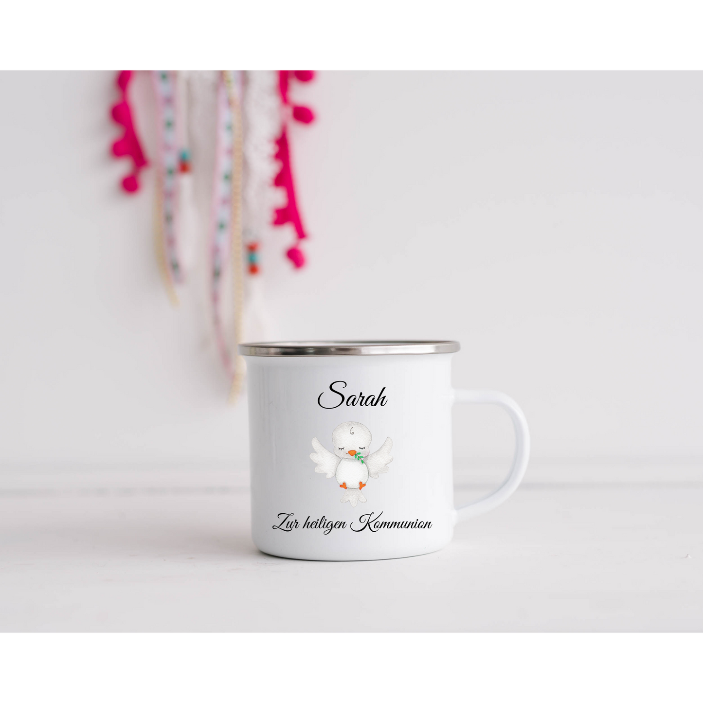 Kinderbecher mit Namen - Geschenk Kommunion - Tasse Emailletasse Kindertasse Becher personalisiert - 4 Motive zur Auswahl