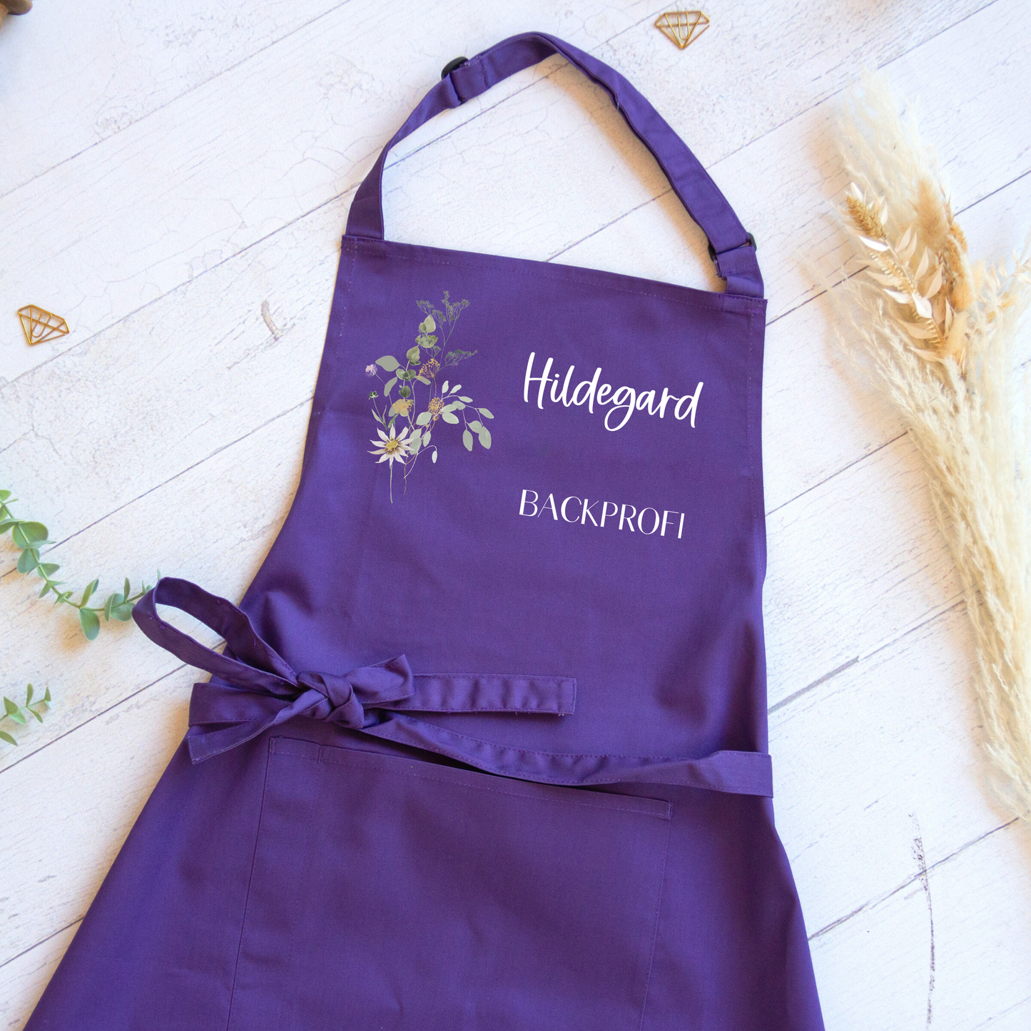 Schürze personalisiert mit Name und Titel, zum Backen, Basteln und Gärtnern - Erwachsene oder Kinder, auch als Set - Wildblumen