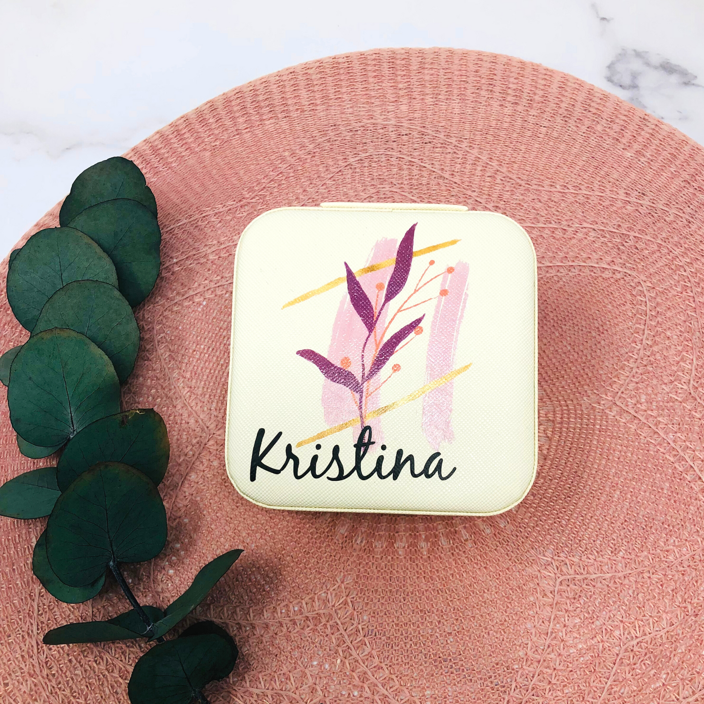 Schmuckaufbewahrung Etui - personalisiert mit Namen und floralem Design- Geschenk Kommunion Einschulung Geburtstag - altweiß