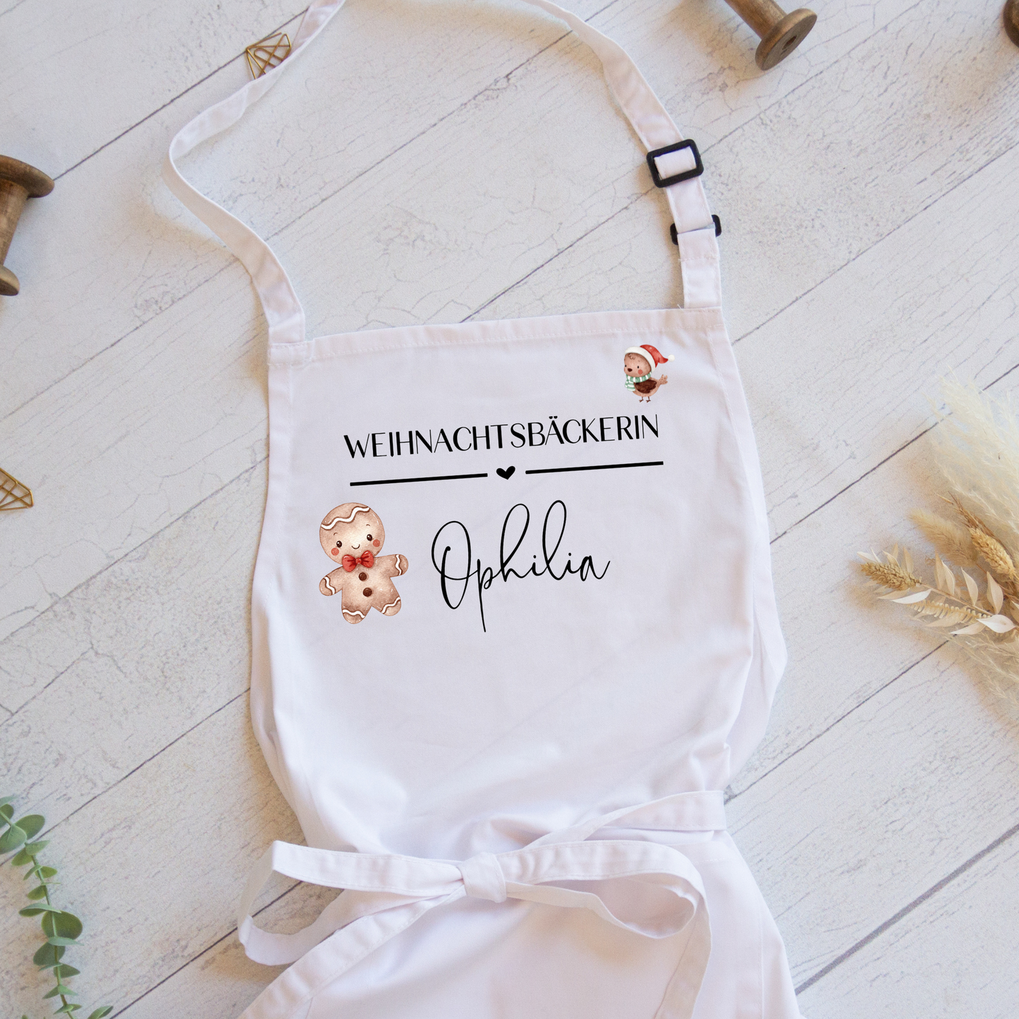 Schürze Kinderschürze Weihnachtsbäcker Bäckerin personalisiert mit Titel und Name, zum Backen, Basteln und Gärtnern - weiß Lebkuchenmann