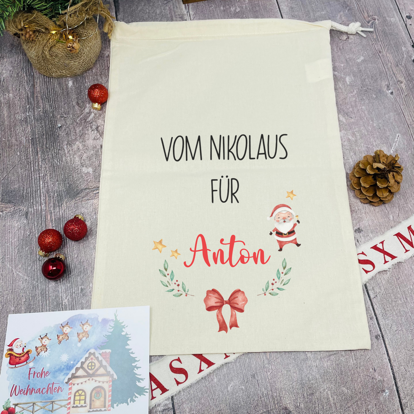 personalisierter Beutel für Nikolaus Weihnachten - ideal als kleine Geschenkverpackung, für Süßigkeiten oder Geld - zwei Designs mit Namen