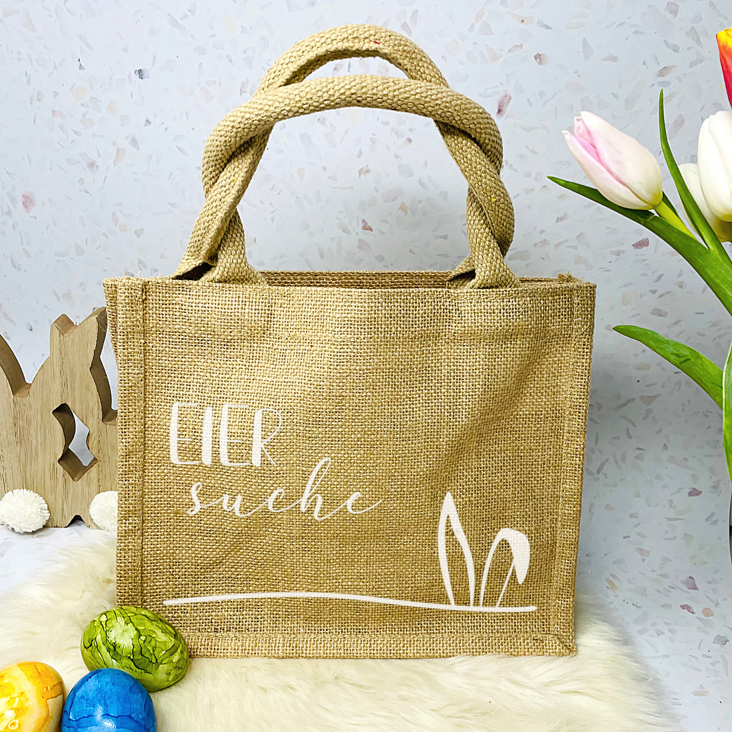 Osterkörbchen Frohe Ostern - Eiersuche - Hasenjagd - Jutebeutel mit Osterhasen Ohren - Geschenk Geschenkverpackung nachhaltig Osterkorb
