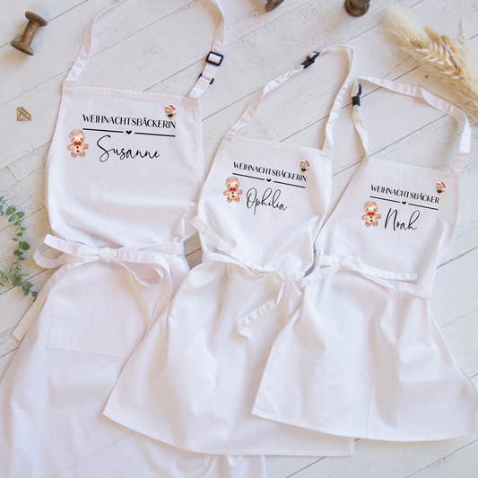 Schürze Kinderschürze Weihnachtsbäcker Bäckerin personalisiert mit Titel und Name, zum Backen, Basteln und Gärtnern - weiß Lebkuchenmann