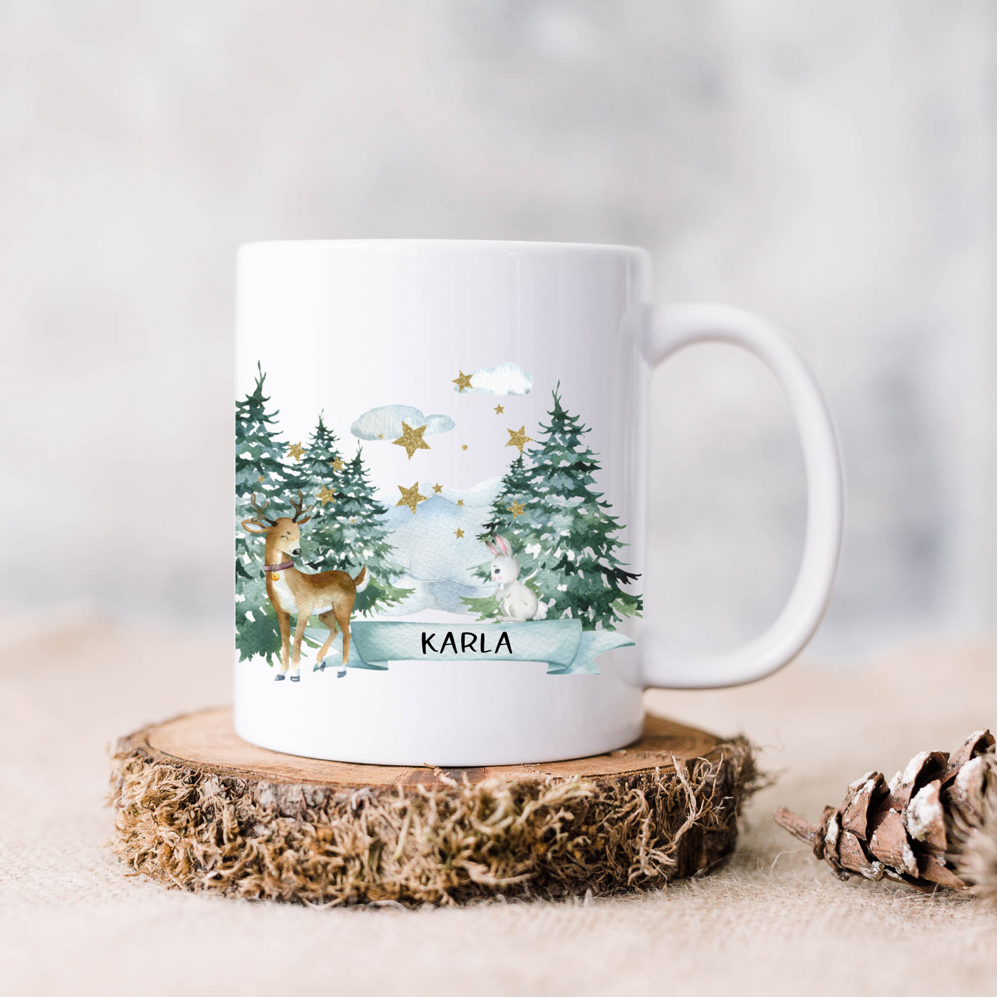 Keramik Tasse Weihnachten - personalisiert mit Namen - Schneelandschaft - Wichtelgeschenk - Christmas Mug - Design Wald