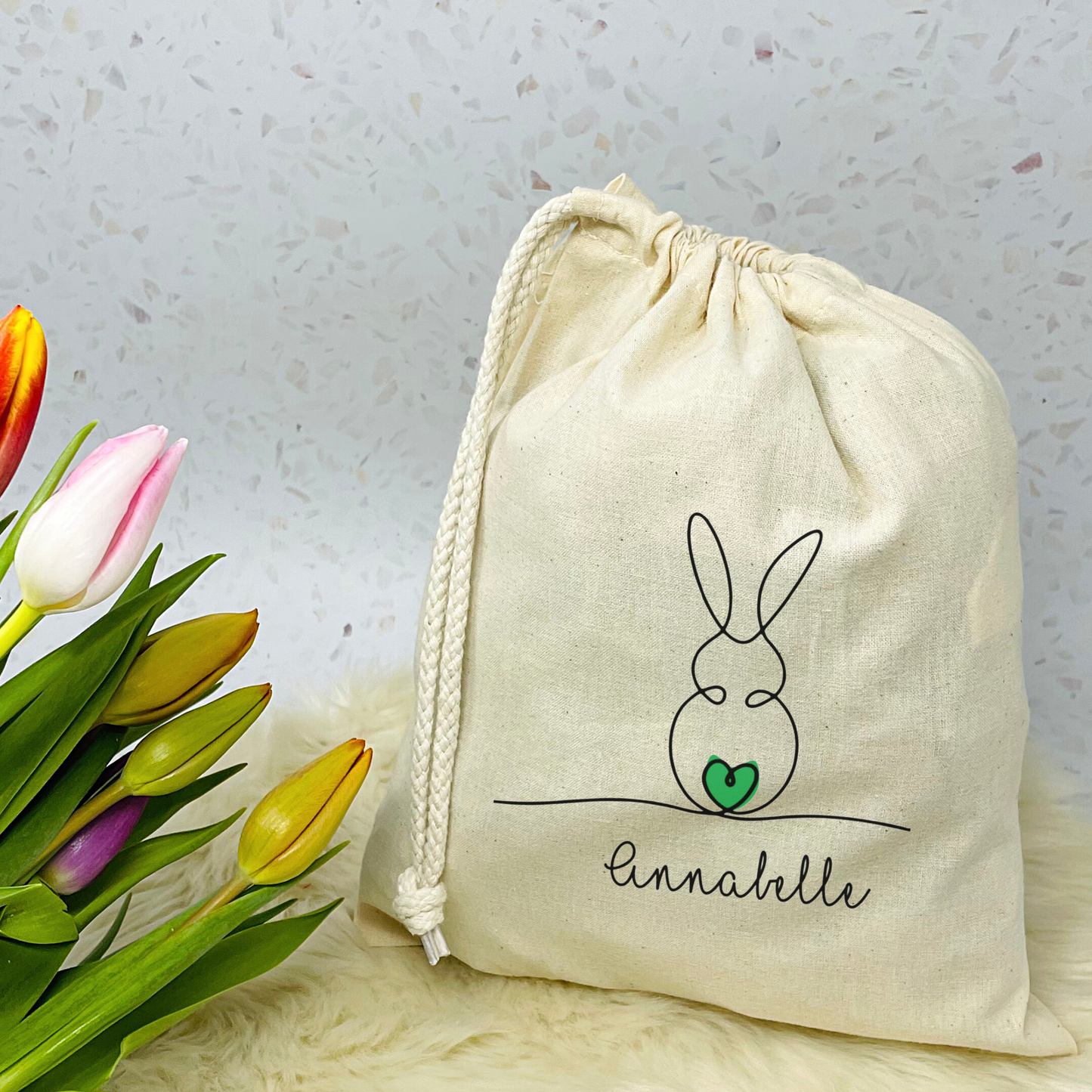 Geschenkbeutel Ostern personalisiert - modernes One Line Art Design mit Osterhase und Name - verschiedene Farben