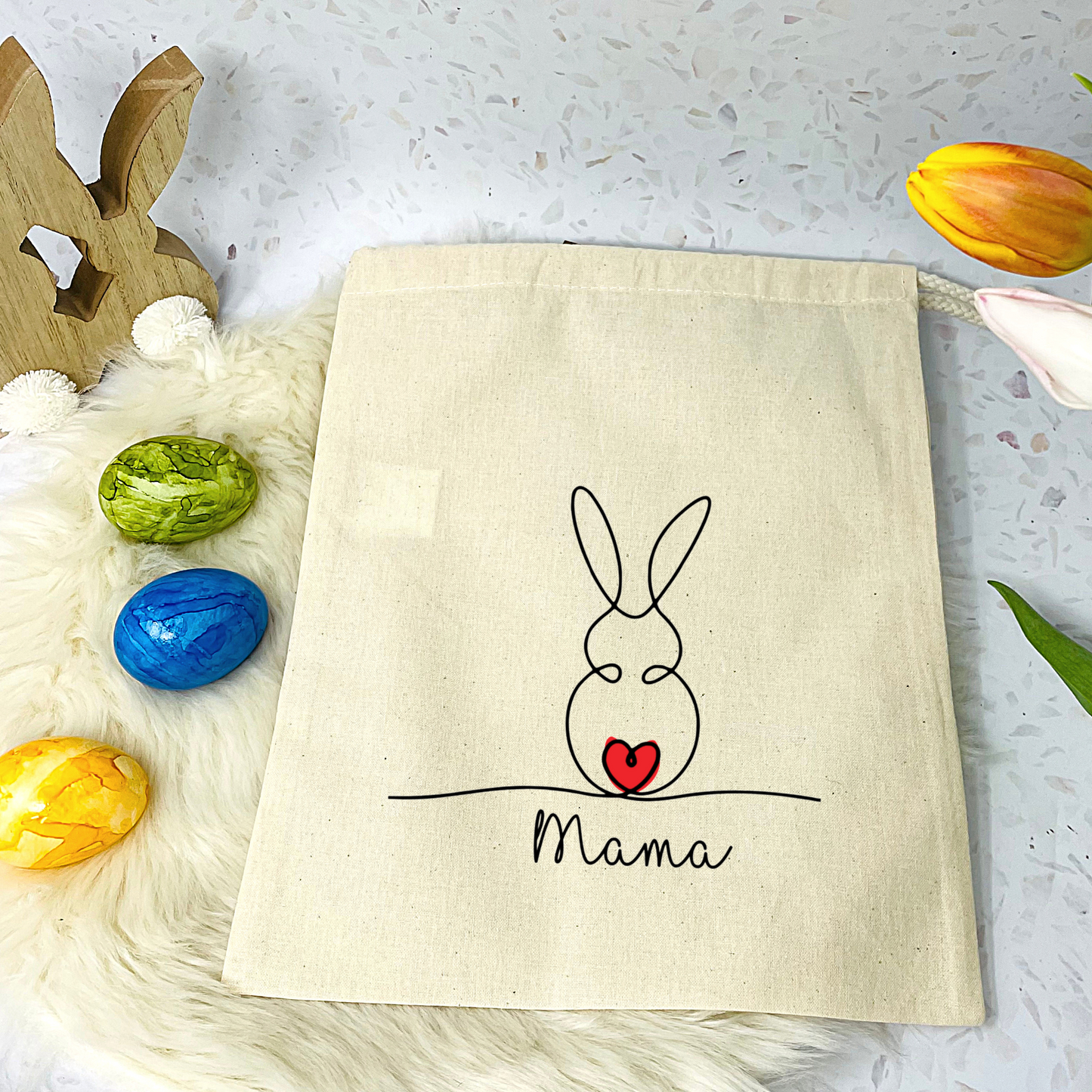 Geschenkbeutel Ostern personalisiert - modernes One Line Art Design mit Osterhase und Name - verschiedene Farben