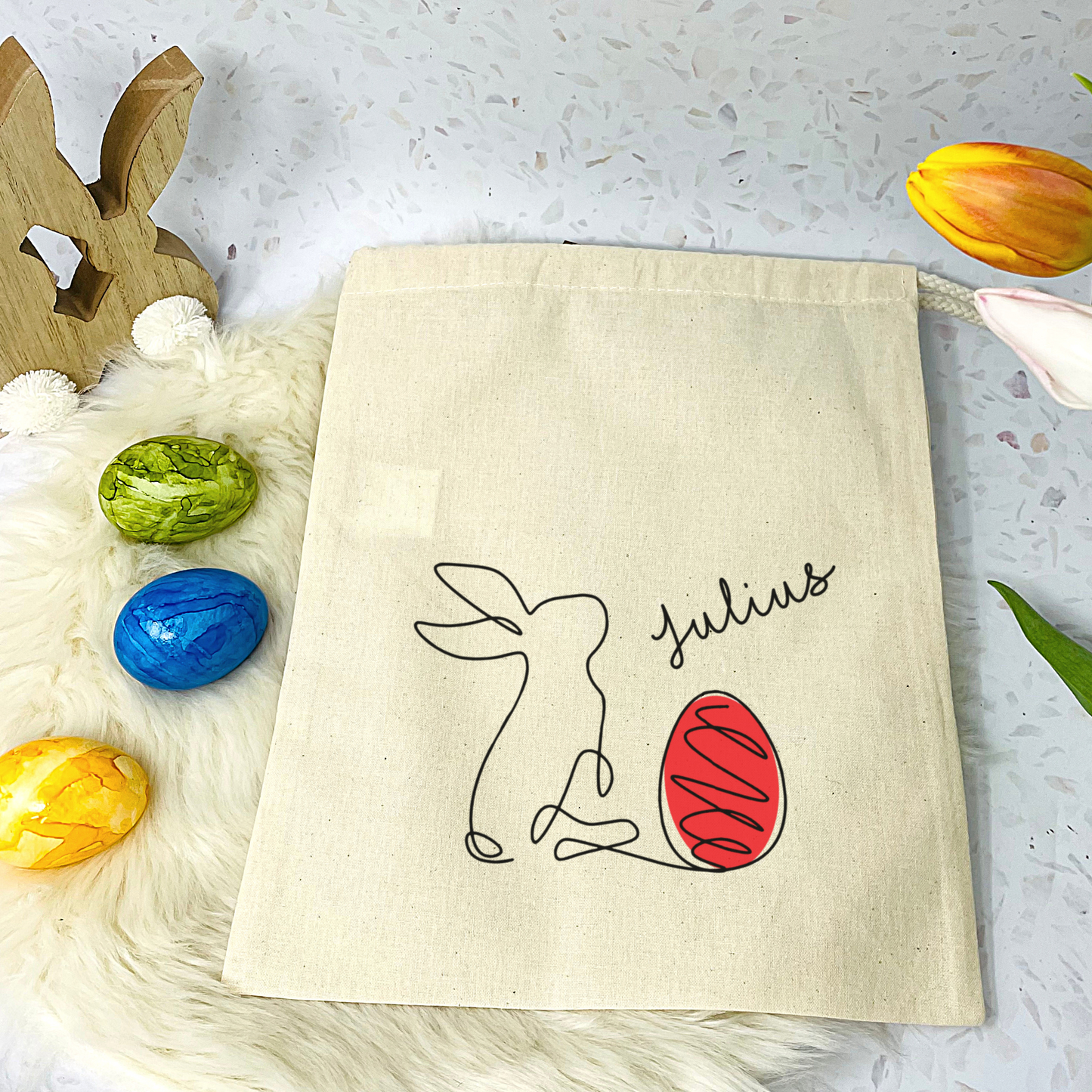 Geschenkbeutel Ostern personalisiert - modernes One Line Art Design mit Osterhase und Name - verschiedene Farben - Geschenk, Osterkörbchen