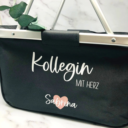 Geschenk Kollegin - personalisierter Einkaufskorb mit Name - Kollegin mit Herz - verschiedene Farben - faltbar- Farbe Grau,Navy oder Schwarz