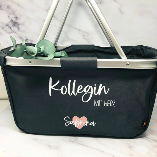Geschenk Kollegin - personalisierter Einkaufskorb mit Name - Kollegin mit Herz - verschiedene Farben - faltbar- Farbe Grau,Navy oder Schwarz