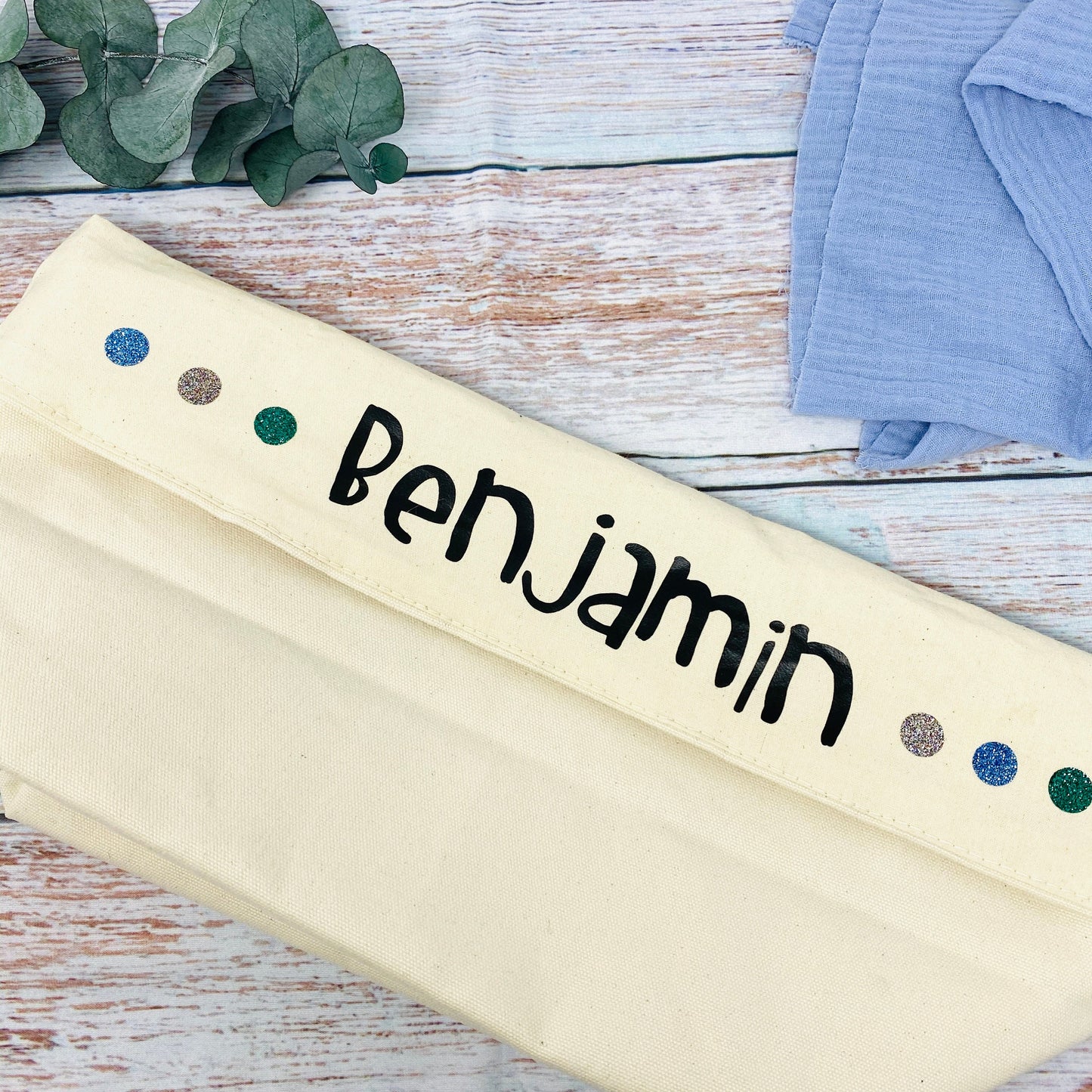 Utensilo Aufbewahrungskörbchen Kinderzimmer Baby Junge blau Stoff natur personalisiert mit Namen
