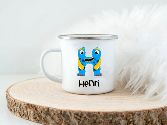 Kinderbecher mit Namen - Tasse Emailletasse Kindertasse Becher personalisiert - Jungs Monster