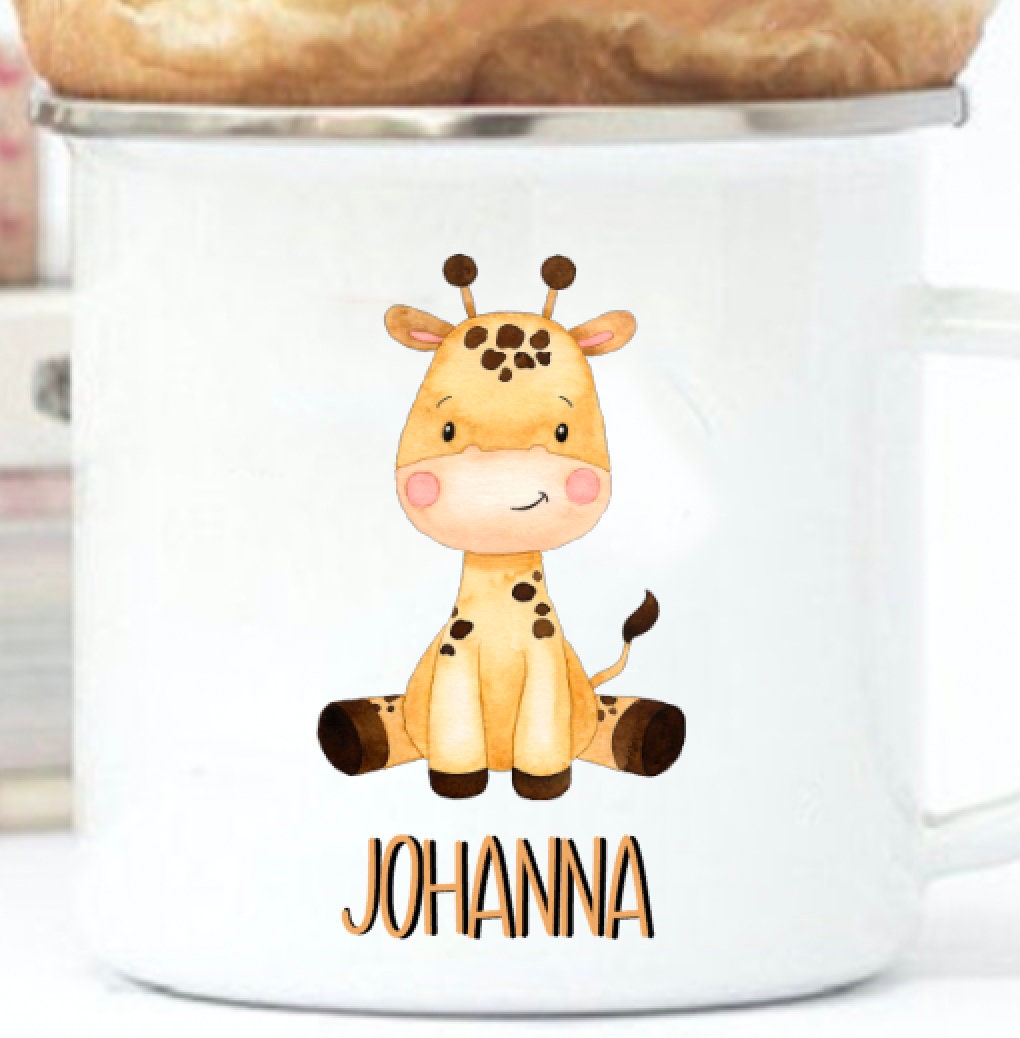 Emaille Kinderbecher mit Namen und einem süßen Safari Tier - Kindertasse personalisiert