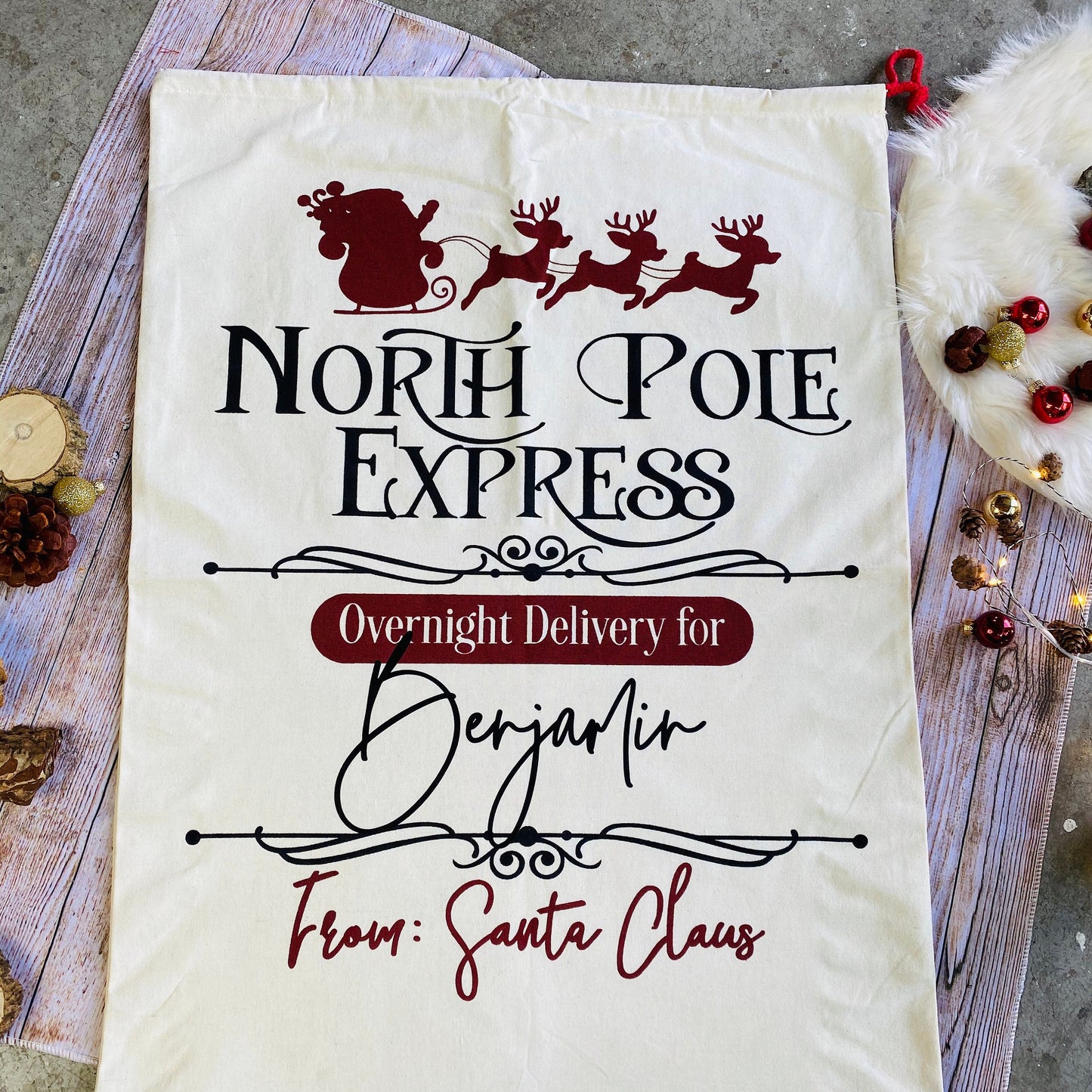 Nikolaussack Weihnachtsmann Sack Geschenkbeutel Weihnachten Jutesack groß Santa personalisiert mit Namen - North Pole Express