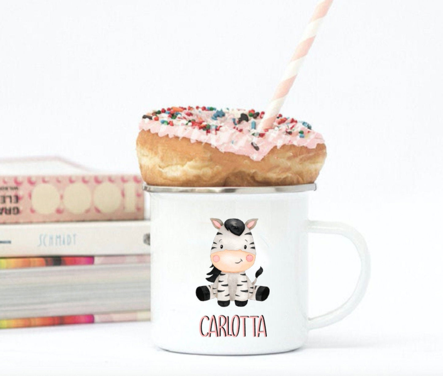 Emaille Kinderbecher mit Namen und einem süßen Safari Tier - Kindertasse personalisiert