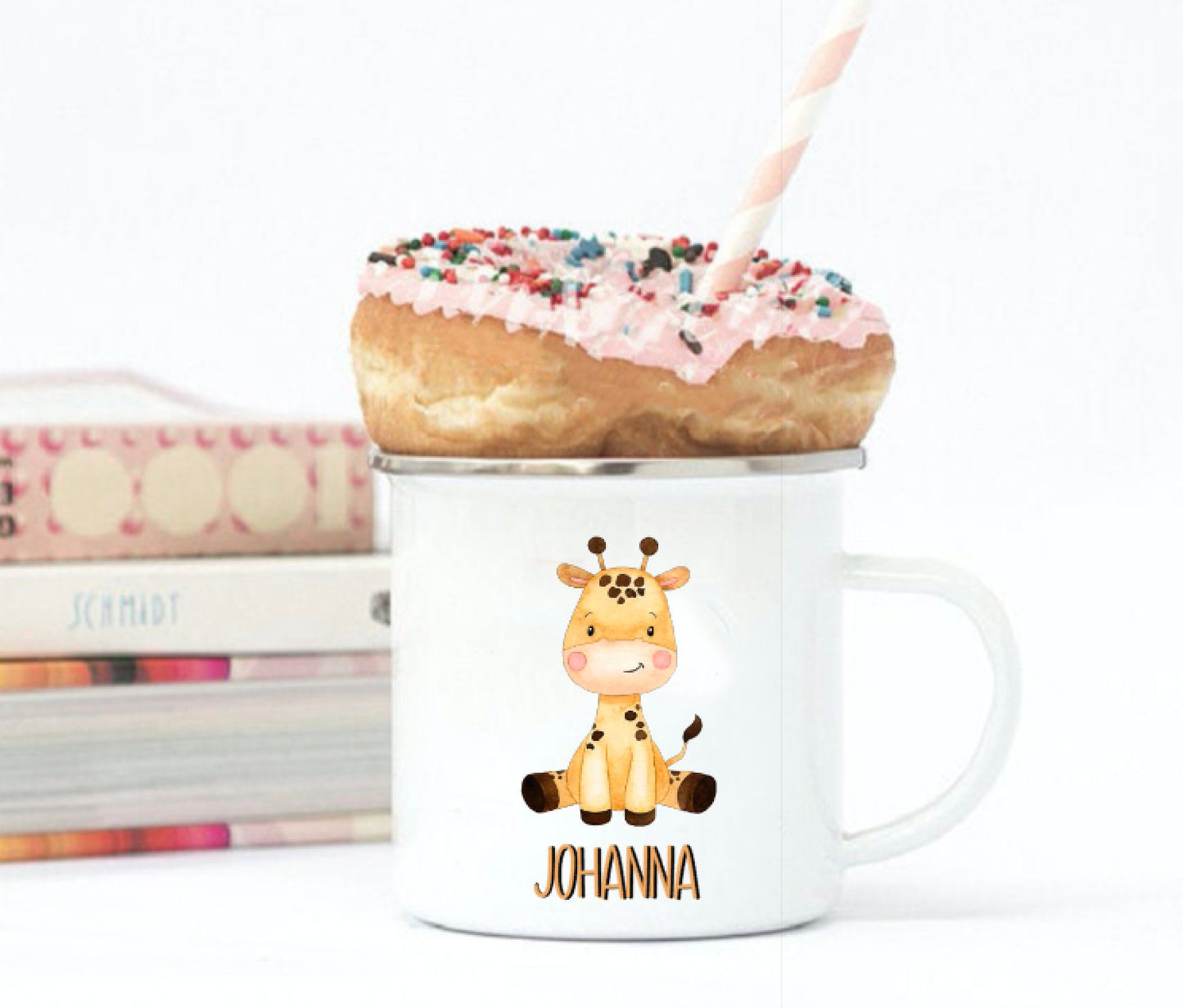 Emaille Kinderbecher mit Namen und einem süßen Safari Tier - Kindertasse personalisiert