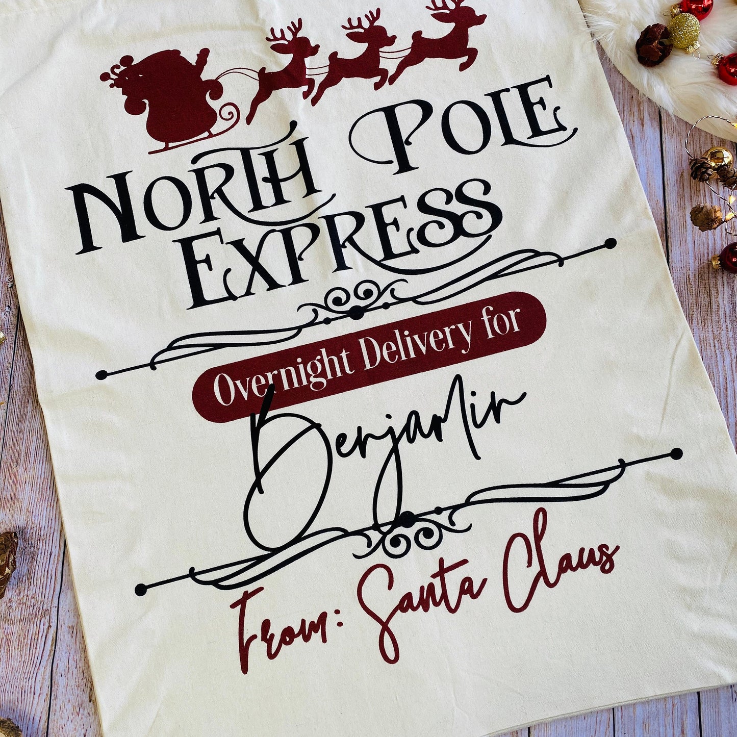Nikolaussack Weihnachtsmann Sack Geschenkbeutel Weihnachten Jutesack groß Santa personalisiert mit Namen - North Pole Express