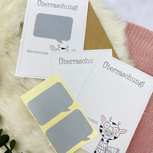 Rubbelkarte zum selbst beschriften - 3er Set - mit Umschlag und Sticker - Giraffe - Patentante Schwangerschaft Geburtstag