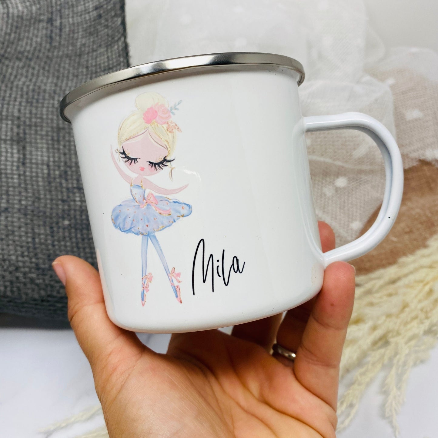 Kinderbecher mit Namen - Tasse Emailletasse Kindertasse Becher personalisiert - 6 Ballerinas zur Auswahl